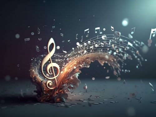Volumetric musical background with a treble clef and notes, the concept of musical creativity.